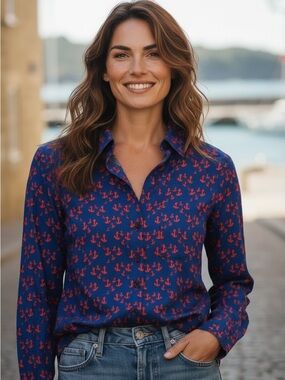 Tommy Hilfiger Anchor Print Button down long roll tab sleeves Top Size Medium